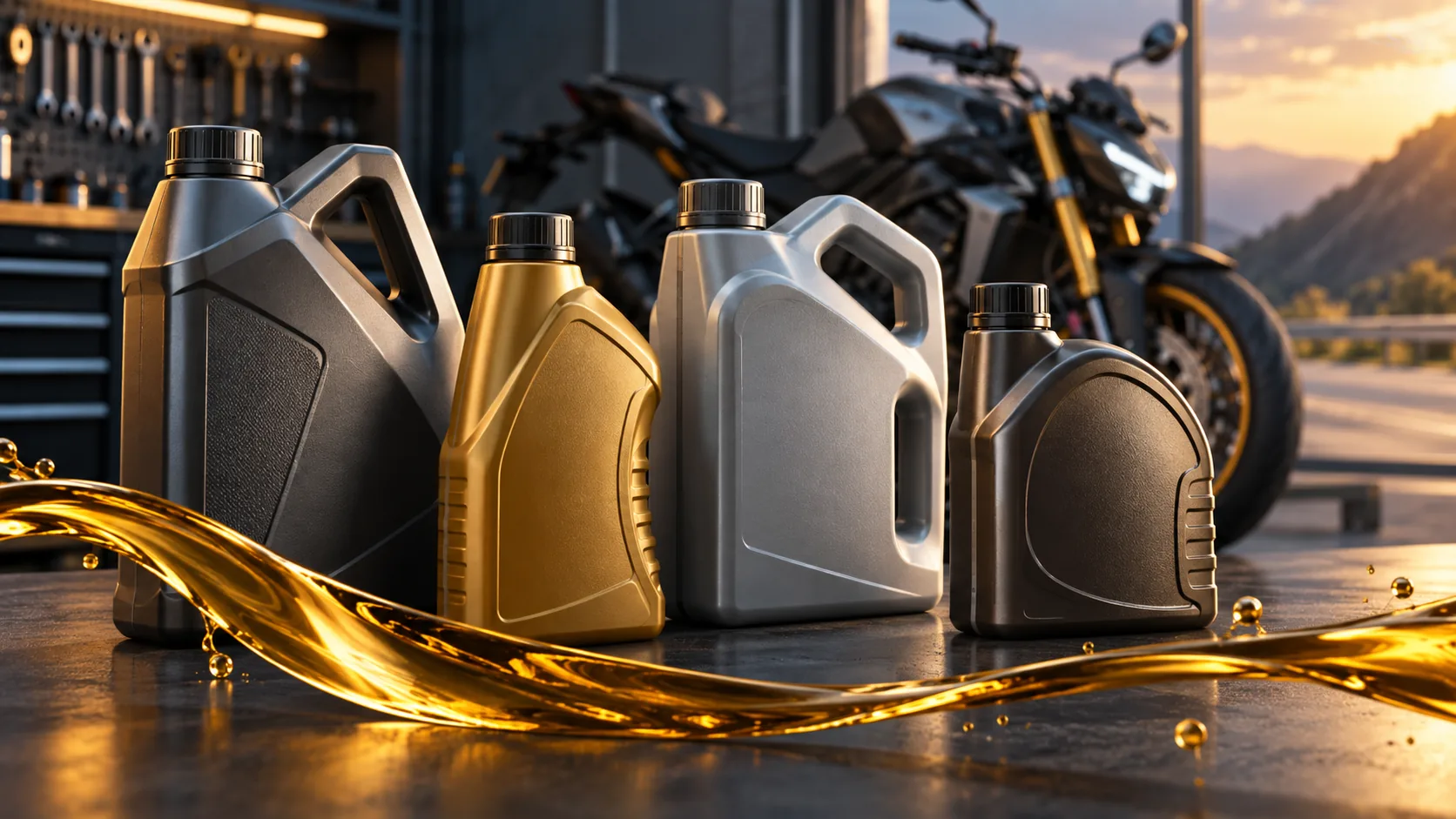 Illustration de bidons sans marque pour comparer les huiles moto